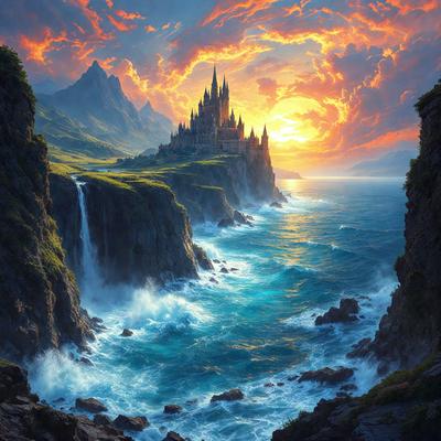 Primary subject: A beautiful castle with a moat, situated on a hill overlooking the ocean.

Setting/background: The castle is surrounded by a lush green landscape, with a mountain in the background. The ocean is visible in the distance, creating a serene and picturesque scene.

Visual style: The image is a digital art piece, featuring a vibrant and detailed depiction of the castle and its surroundings.

Colors and mood: The colors in the image are predominantly blue